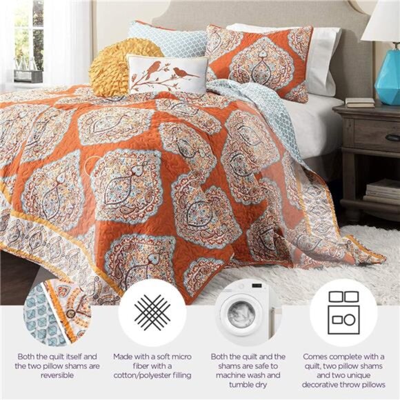 Lush Décor Lush Decor 5 Piece Harley Quilt Set, Full/Queen, Tangerine - Picture 2 of 7